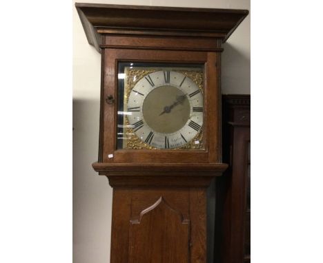 A good oak cased grandfather clock with silvered dial. By William Mayhem Woodbridge. Est. £100 - £150.