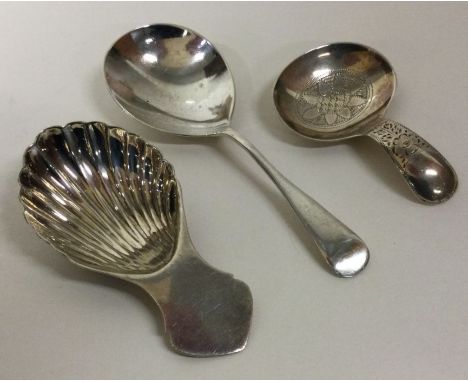 Three silver caddy spoons including an engraved one. Sheffield 1924, Chester by SILtd and London 1932 by HV&amp;AV. Approx. 5