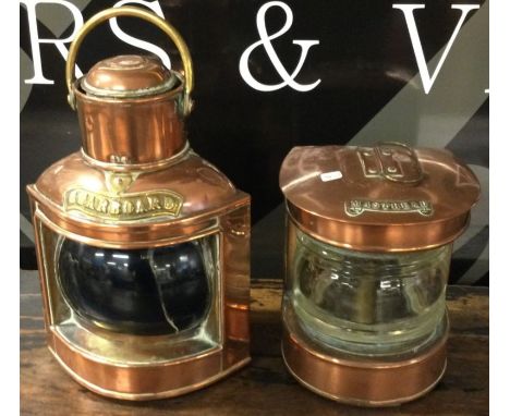 A copper and brass starboard lamp together with one other. Est. £50 - £80.