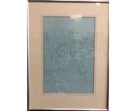 KAFFE FASSETT: (American, b. 1937): A pen and ink self portrait of the artist. Approx. 30 cms x 44 cms. Est. £20 - £30.