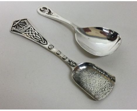 Two Scottish silver caddy spoons, one with Edinburgh silver hallmarks for Iona and the other stamped JMcGILVRAY OBAN. Approx.