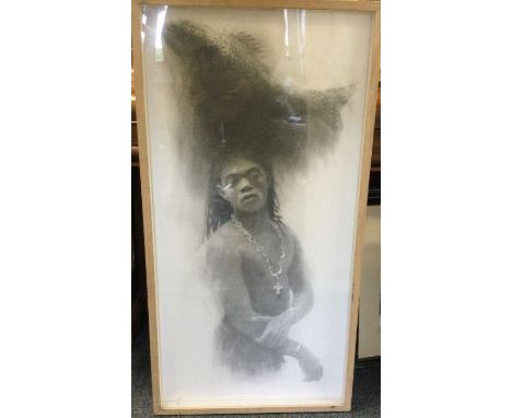 A large box framed and glazed print depicting a man with a cross on chain. Signed "Carl Mahoney 1991" to bottom left. Approx.