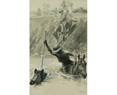 § Lionel Edwards RI (British 1878-1966) 'Have speared pig swimming'original illustration for 'Modern Pigsticking' by Major A.