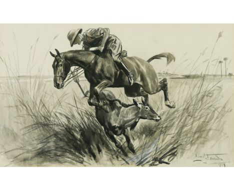 § Lionel Edwards RI (British, 1878-1966) 'Crispin flew the bull'original illustration for 'Modern Pigsticking' by Major A. E.