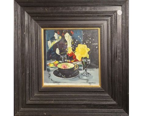 Gordon Henderson (Scottish, 20th century) Yellow Rose and Portraitsigned 'HENDERSON' (lower right)oil on board32 x 32cm