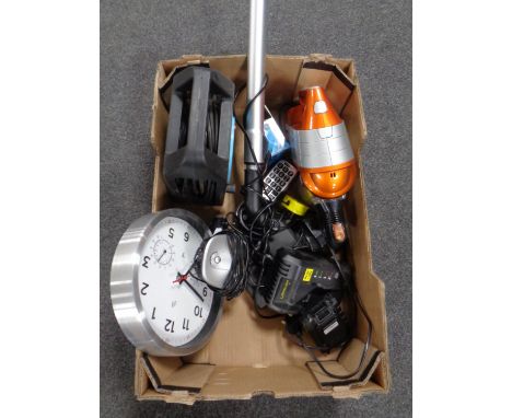 A box containing cordless electric vacuum, extension lead, lithium battery charger with battery, telephone, wall clock etc.