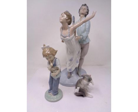 Three Lladro and Nao figures including Kitten with mouse, Girl with doll and Dancers. (AF)