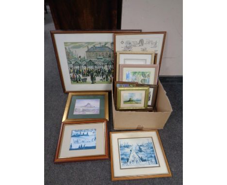 A box containing assorted pictures including a Lowry tapestry and prints, T McArdle signed print, Holy Island etc.