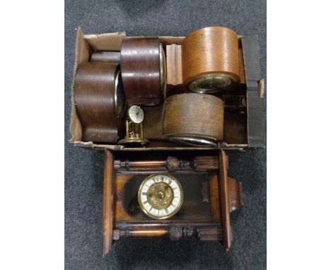 A box of assorted mantel clocks and clock movements (af), together with an antique wall clock with brass and enamelled dial 