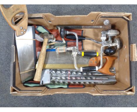 A box of good quality hand tools, drill bits, braces, hand saws by Spear and Jackson etc 