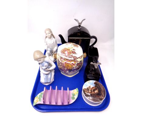 A tray containing assorted ceramics including Nao figure - Girl with teddy and Girl with dog, a Maling lidded biscuit barrel,