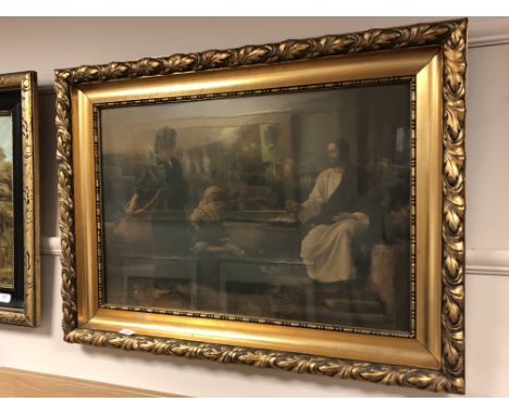 A gilt framed continental print depicting figures with mountain beyond, 69 x 46 cm.
