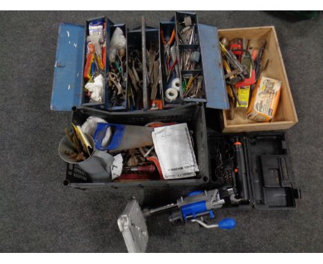 A concertina toolbox, a crate and a tray containing assorted hand tools, drill bits, a dremel workstation stand, cased electr