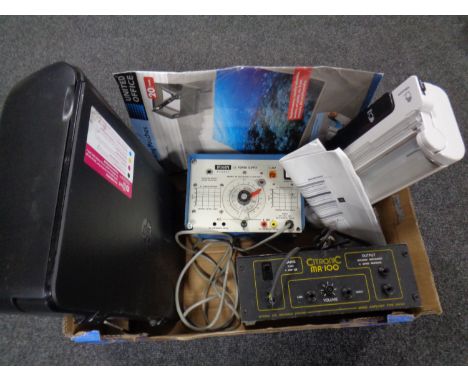 A box of Silver Crest laminator with pouches, HP printer, Irwin L V power supply together with a further Citronic MA 100 mono