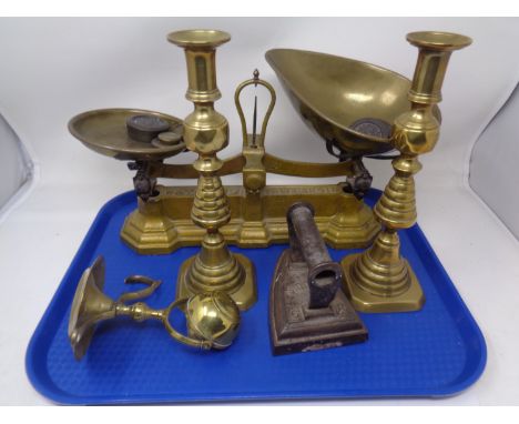 A tray containing assorted antique and later metal wares including a set of W &amp; T. Avery scales with weights, a pair of V