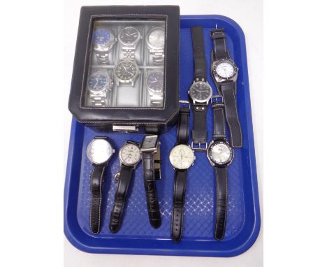 A watch box together with 13 assorted gents wristwatches including Timex, Slazenger and Sekonda etc.