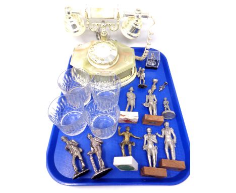 A tray containing assorted metal figures including French soldiers, an onyx rotary telephone together with a set of four Edin