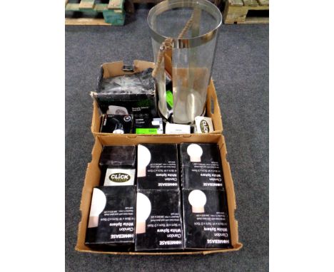 Two boxes containing boxed Homebase light base, lamp etc 