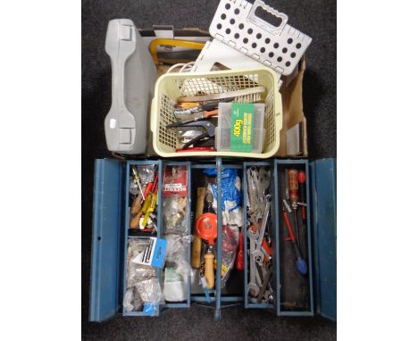 A box of metal concertina tool box with tools, hand saws, extension lead, Power devil drill, further basket containing paint 