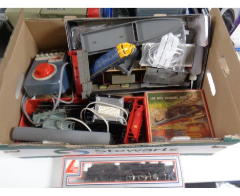 A box of Lima models, 42700 locomotive engine with tender, Tri-ang diesel locomotive together with accessories, track, furthe