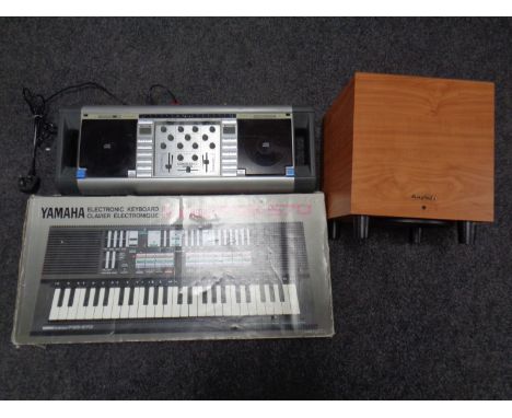 A Yamaha Portasound PSS-570 keyboard (boxed), a home mixing desk and a Wharfedale speaker.