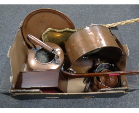 A crate containing antique and later metalware including balance scales, a kettle, cooking pot, trays, carpet beater etc.