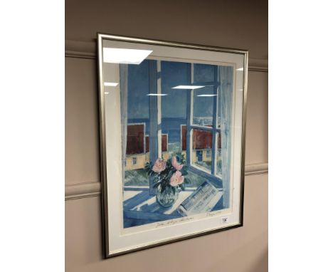 After John Andersen : Flowers by a window, A colour print signed in pencil, 43 x 56 cm. 