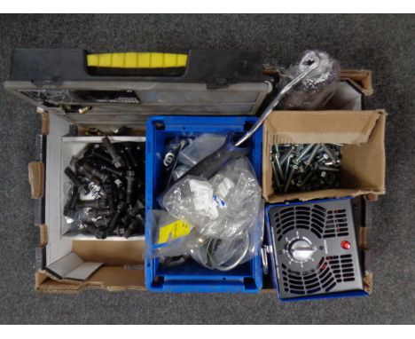 A box containing a commercial air purifier, organiser box, nuts and bolts, paint roller etc.