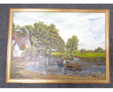 E E Miller (20th Century) : The Hay Wain after John Constable, oil-on-board in gilt frame.
