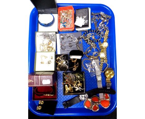 A tray containing a quantity of assorted costume jewellery and wristwatches including Rotary.