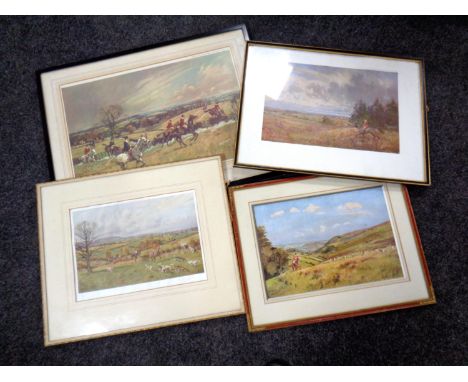 Four colour prints of hunting scenes in frames and mounts.