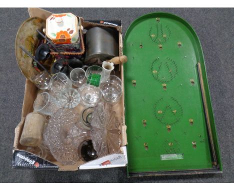 A box containing assorted glassware, china lidded biscuit barrel, vintage bagatelle.