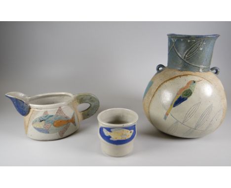 JILL FANSHAWE KATO three stoneware ceramic items including twin handled vase with globular body and chimney neck, and decorat