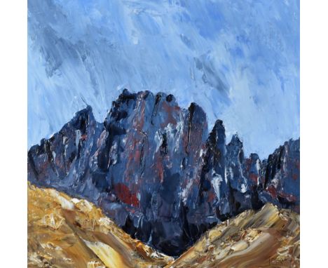 J R M A initialled oil on panel - Snowdonia ridge, Crib Goch, 40 x 40cms