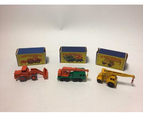 Matchbox 1-75 Series No.69 Hatra tractor Shovel, No.70 Grit-Spreading truck, No.30 8-Wheel Crane, No.11 Jumbo Crane, No.26 GM