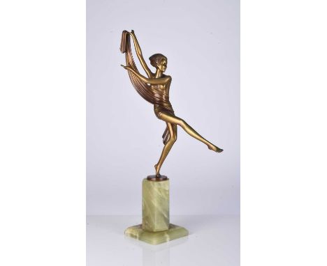 Josef Lorenzl (Austrian, 1892-1950) Art deco gilt bronze of a female scarf dancer balancing on one foot, signed Lorenzl to th