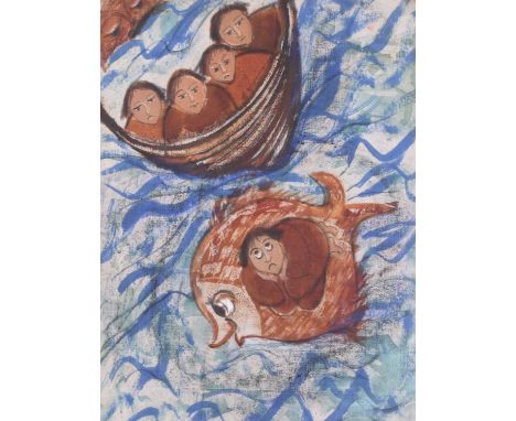 Nalini Jayasunya (Sri Lankan 1927-2014) Jonah and the Whale, mixed media on linen, batique, ink and charcoal, 46 x 34 cm, fra