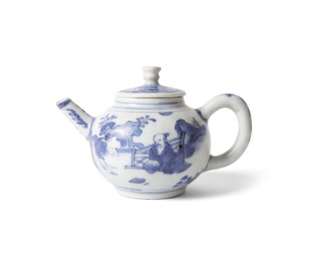 BLUE AND WHITE TEAPOTSHUNZHI PERIOD the globular body painted with an identical scene of a scholar resting in a garden, a you