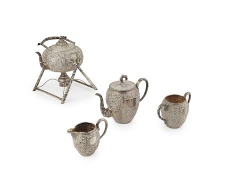 FOUR-PIECE SILVER TEA SETDE CHANG AND C.S. MARKS, 19TH CENTURY comprising: a compressed globular teapot and stand; another te