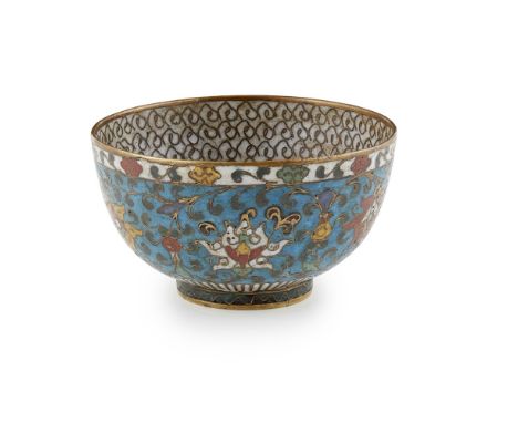 CLOISONNÉ ENAMEL 'LOTUS' BOWLthe exterior decorated with six large lotus flowers of various colours borne on a continuous und