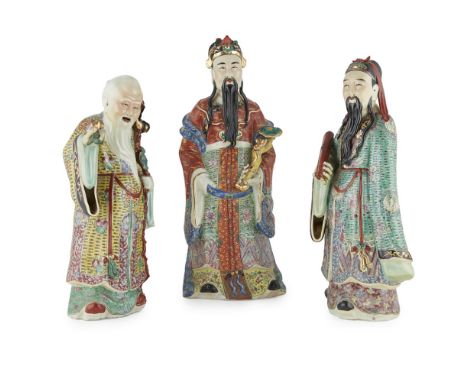 FAMILLE ROSE FIGURES OF THE THREE STAR GODSSEAL OF WAN TONG SHUN, LATE QING DYNASTY/REPUBLIC PERIOD modelled as Fuxing, Luxin