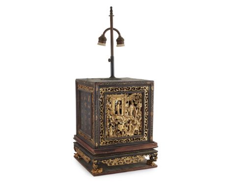 TWO CHAOZHOU GILT-LACQUER WOODEN ALTAR BOXES CONVERTED INTO LAMPSLATE QING DYNASTY together with two CHAOZHOU GILT-LACQUER AN