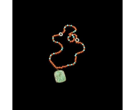 JADE, AGATE, TURQUOISE AND JADEITE NECKLACEcomprising sixty-eight amber-coloured agate beads interspersed with turquoise bead