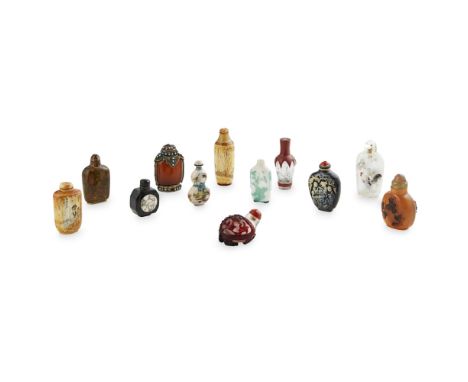 COLLECTION OF TWELVE SNUFF BOTTLES19TH/20TH CENTURY comprising: an inside-painted glass bottle; a ruby-overlay clear glass bo