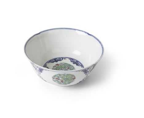 DOUCAI ENAMEL BOWLKANGXI MARK BUT 20TH CENTURY the deep rounded sides rising from a short straight foot to a slightly flared 