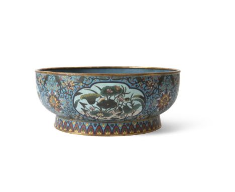 CLOISONNÉ ENAMEL BOWLQIANLONG MARK BUT LATER the exterior decorated with four quadrelobed panels enclosing flowering lotus, c