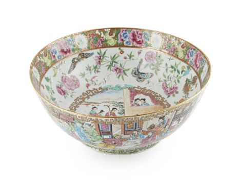 LARGE GILT DECORATED CANTON FAMILLE ROSE PUNCH BOWLQING DYNASTY, 19TH CENTURY brightly enamelled and gilt, the exterior paint