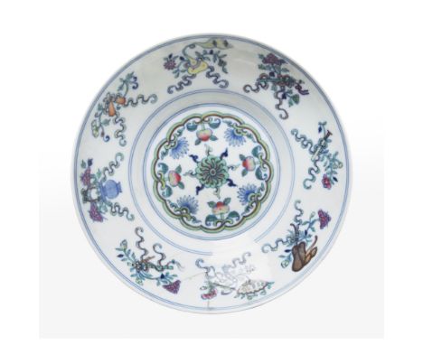 DOUCAI ENAMEL OGEE DISHDAOGUANG MARK AND POSSIBLY OF THE PERIOD the interior decorated with a chrysanthemum flowerhead surrou