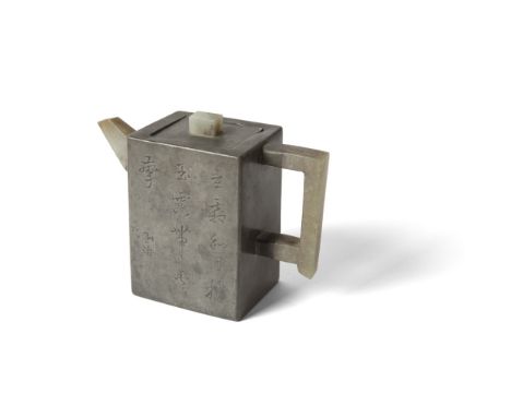JADE MOUNTED PEWTER TEAPOTSIGNED WANG QIA of rectangular section, mounted with a jade spout, handle and finial, engraved with