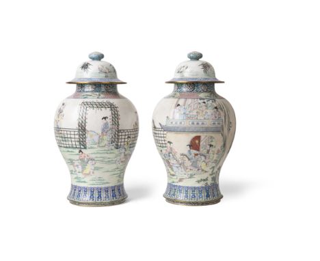 PAIR OF LARGE CANTON ENAMEL 'GENERALS OF THE YANG FAMILY' BALUSTER VASES AND COVERSJIAQING MARK, 19TH CENTURY painted with a 